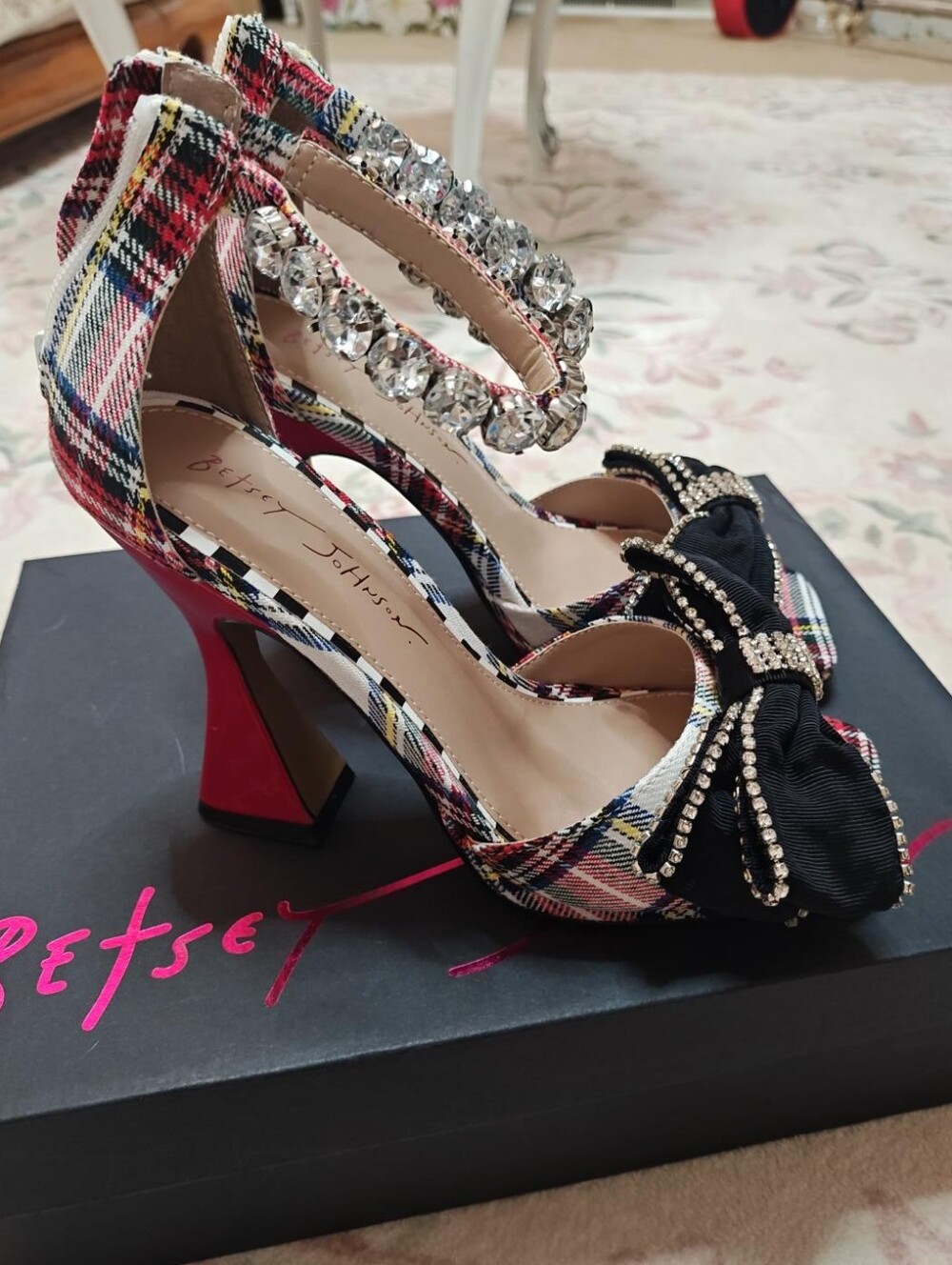 Betsey Johnson Plaid Crystal-Strap Heels with Black Bow